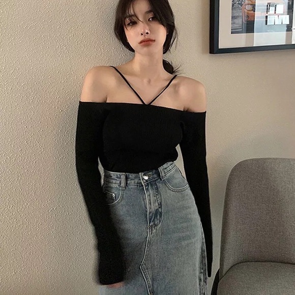 Off shoulder knit top black sexy strap thin sweater - Picture 2 of 7